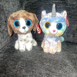 2 TY Beanie Boos Heather Unicorn cat & Muddles brown Dog 6” plush